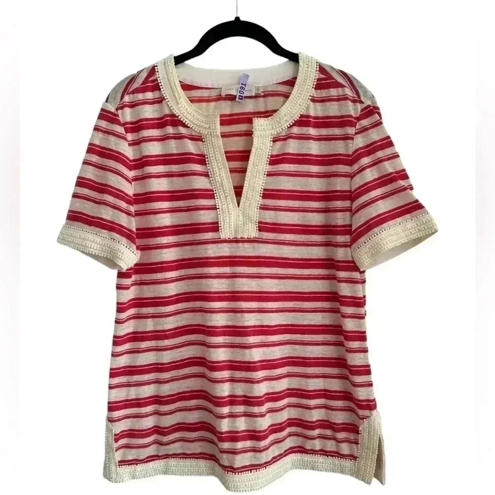 Tory Burch Stripe Linen Luxury Top, Cream Orange Stripe, M GUC
